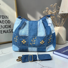 IVY-Patchwork Denim Shoulder Bag With Detachable Strap SI-27