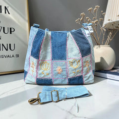 IVY-Patchwork Denim Shoulder Bag With Detachable Strap SI-28