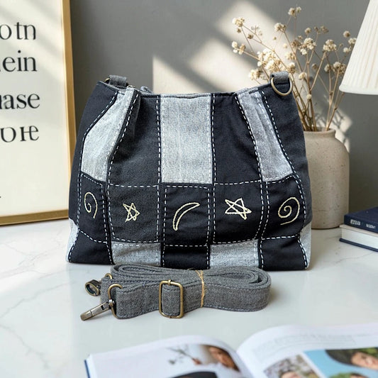 IVY-Patchwork Denim Shoulder Bag With Detachable Strap SI-2