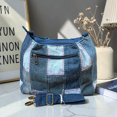 IVY-Patchwork Denim Shoulder Bag With Detachable Strap SI-30