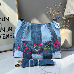 IVY-Patchwork Denim Shoulder Bag With Detachable Strap SI-30
