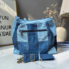 IVY-Patchwork Denim Shoulder Bag With Detachable Strap SI-31