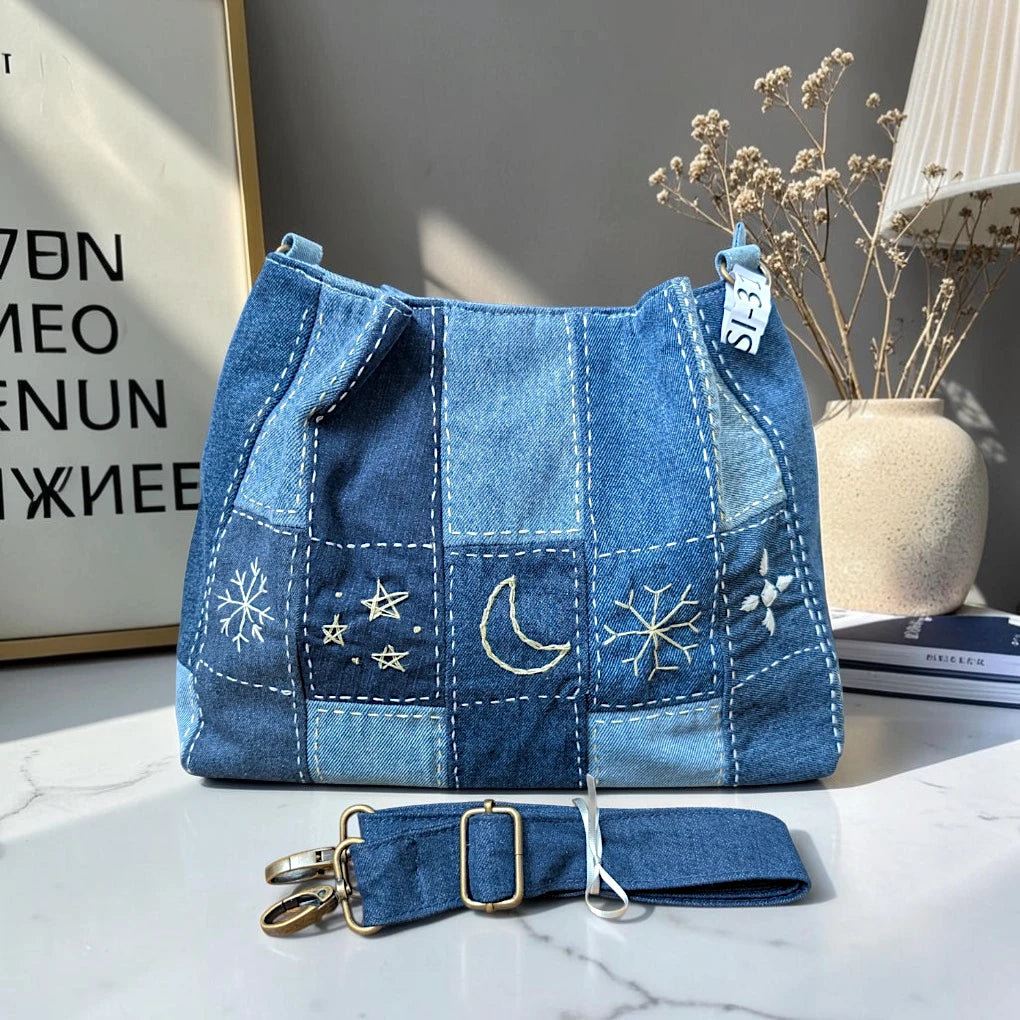 IVY-Patchwork Denim Shoulder Bag With Detachable Strap SI-31