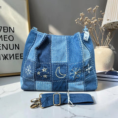IVY-Patchwork Denim Shoulder Bag With Detachable Strap SI-31