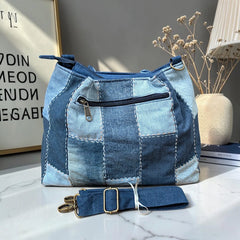 IVY-Patchwork Denim Shoulder Bag With Detachable Strap SI-32