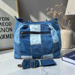 IVY-Patchwork Denim Shoulder Bag With Detachable Strap SI-33
