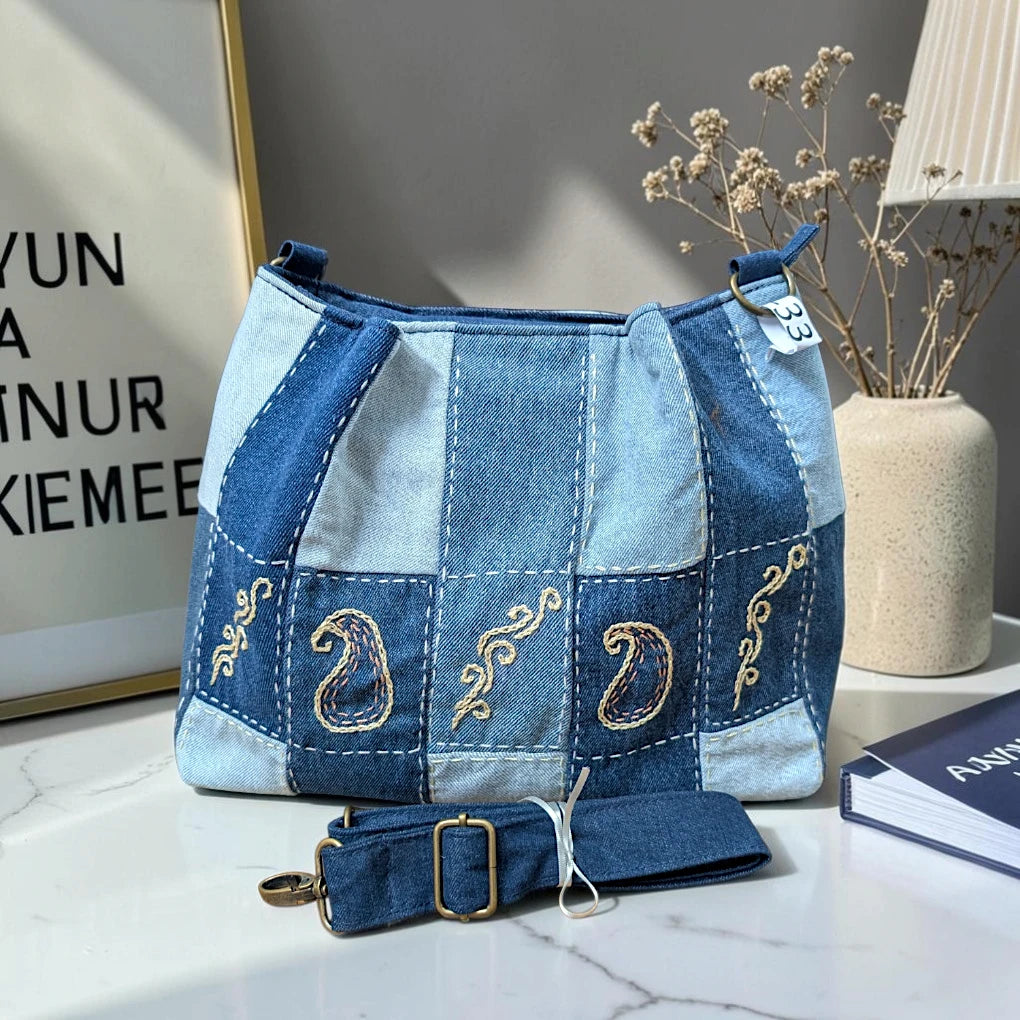 IVY-Patchwork Denim Shoulder Bag With Detachable Strap SI-33