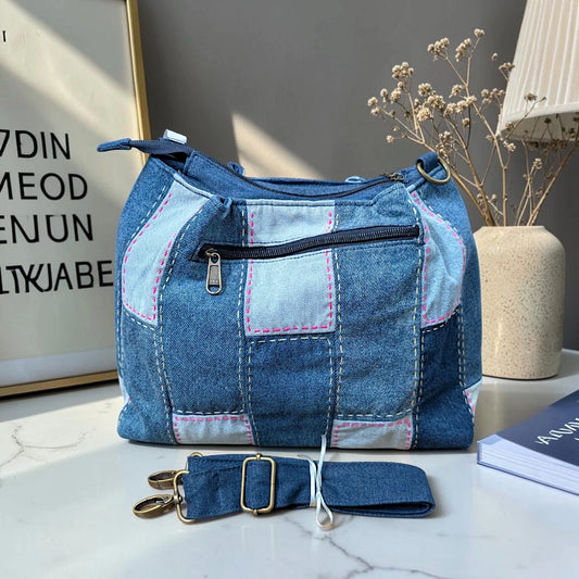 IVY-Patchwork Denim Shoulder Bag With Detachable Strap SI-34