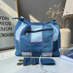 IVY-Patchwork Denim Shoulder Bag With Detachable Strap SI-34