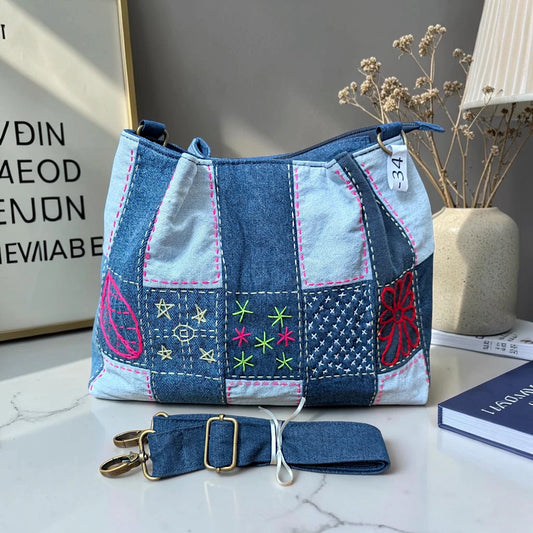 IVY-Patchwork Denim Shoulder Bag With Detachable Strap SI-34