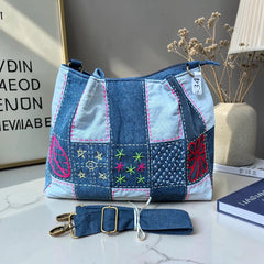 IVY-Patchwork Denim Shoulder Bag With Detachable Strap SI-34