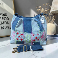 IVY-Patchwork Denim Shoulder Bag With Detachable Strap SI-35