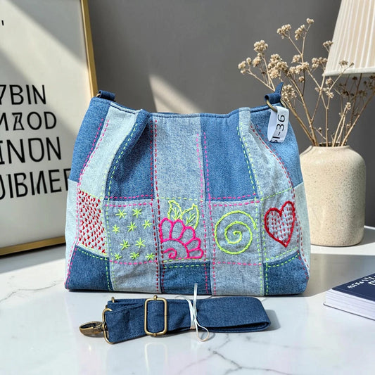 IVY-Patchwork Denim Shoulder Bag With Detachable Strap SI-36