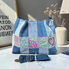 IVY-Patchwork Denim Shoulder Bag With Detachable Strap SI-36
