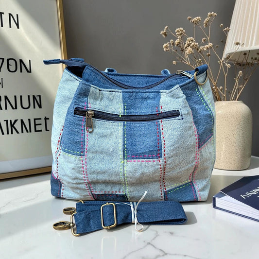 IVY-Patchwork Denim Shoulder Bag With Detachable Strap SI-37