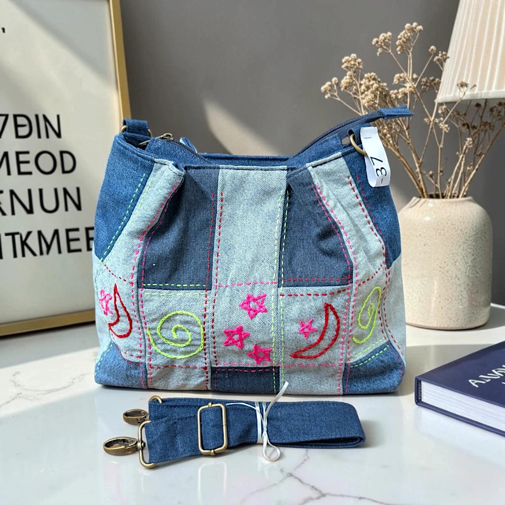 IVY-Patchwork Denim Shoulder Bag With Detachable Strap SI-37