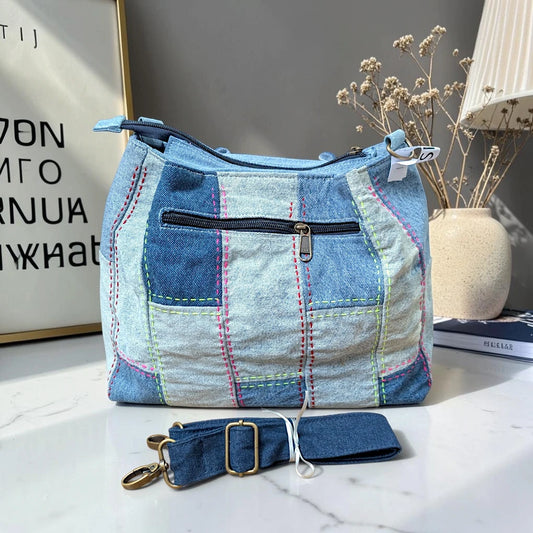 IVY-Patchwork Denim Shoulder Bag With Detachable Strap SI-38