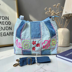 IVY-Patchwork Denim Shoulder Bag With Detachable Strap SI-38