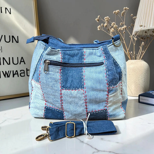 IVY-Patchwork Denim Shoulder Bag With Detachable Strap SI-39