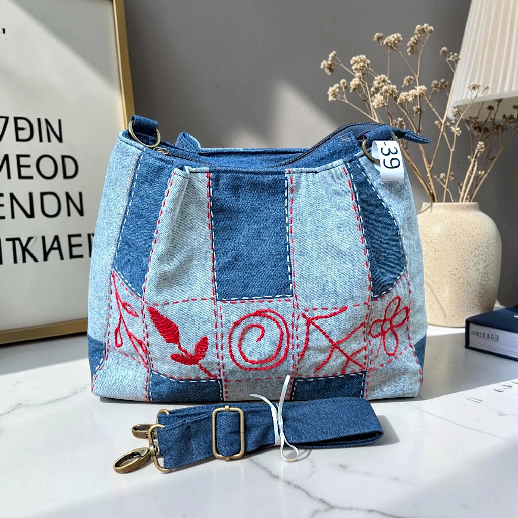 IVY-Patchwork Denim Shoulder Bag With Detachable Strap SI-39