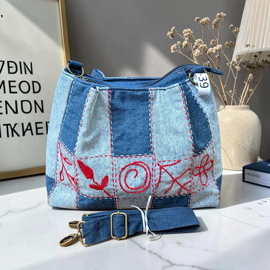 IVY-Patchwork Denim Shoulder Bag With Detachable Strap SI-39
