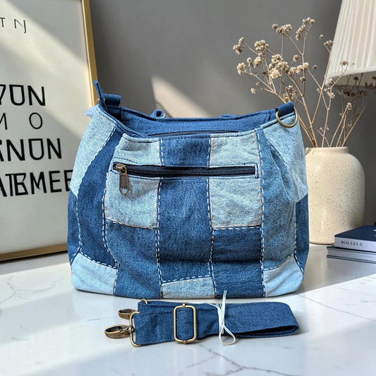 IVY-Patchwork Denim Shoulder Bag With Detachable Strap SI-40