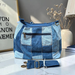 IVY-Patchwork Denim Shoulder Bag With Detachable Strap SI-40