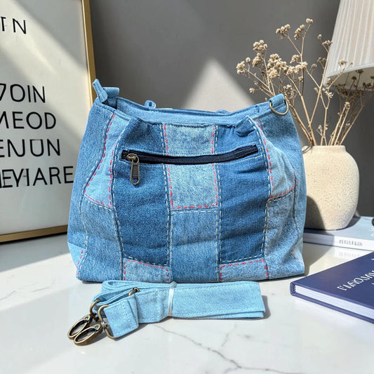 IVY-Patchwork Denim Shoulder Bag With Detachable Strap SI-41