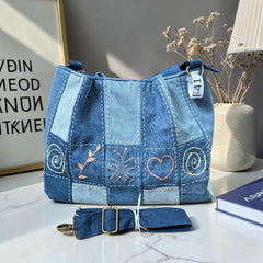 IVY-Patchwork Denim Shoulder Bag With Detachable Strap SI-41
