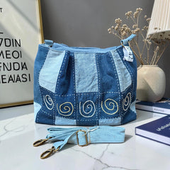 IVY-Patchwork Denim Shoulder Bag With Detachable Strap SI-42