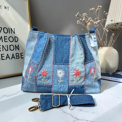 IVY-Patchwork Denim Shoulder Bag With Detachable Strap SI-43