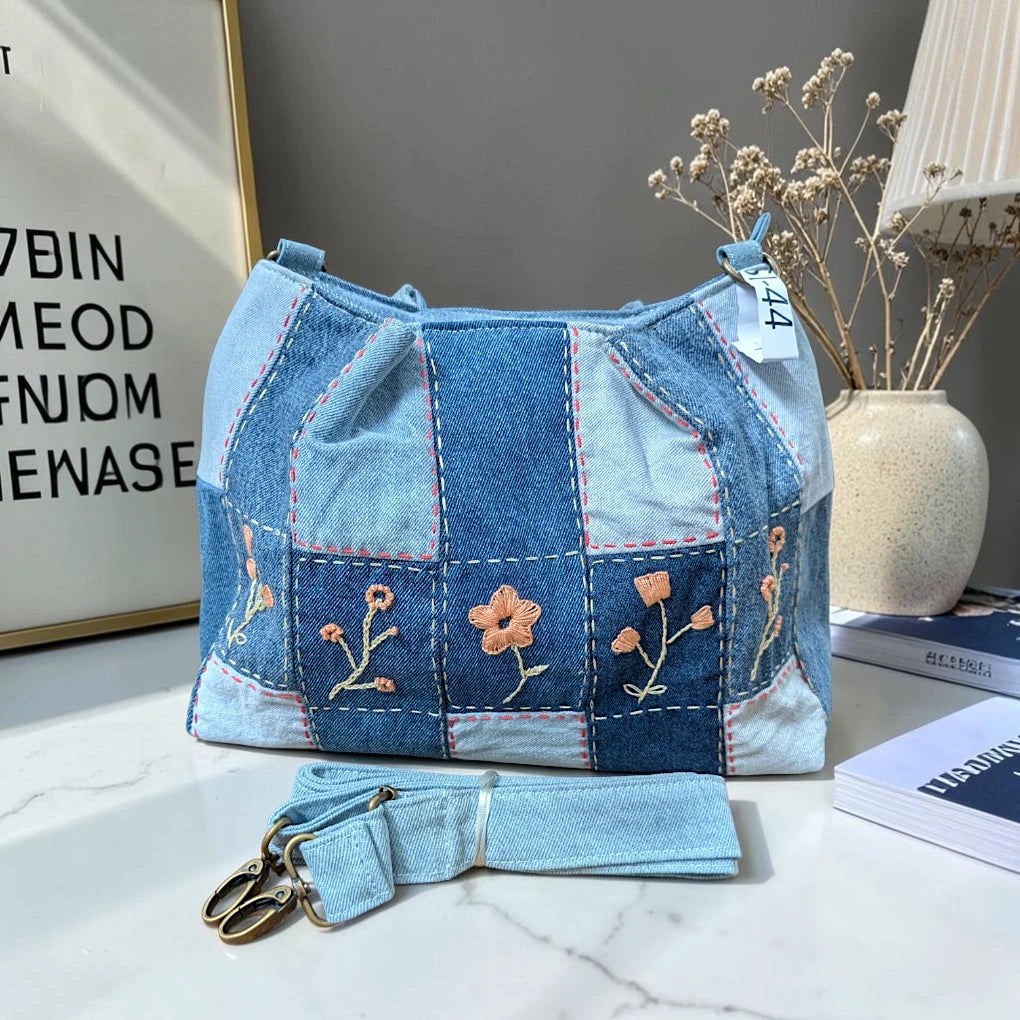 IVY-Patchwork Denim Shoulder Bag With Detachable Strap SI-44
