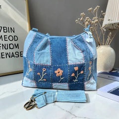 IVY-Patchwork Denim Shoulder Bag With Detachable Strap SI-44