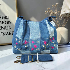IVY-Patchwork Denim Shoulder Bag With Detachable Strap SI-45