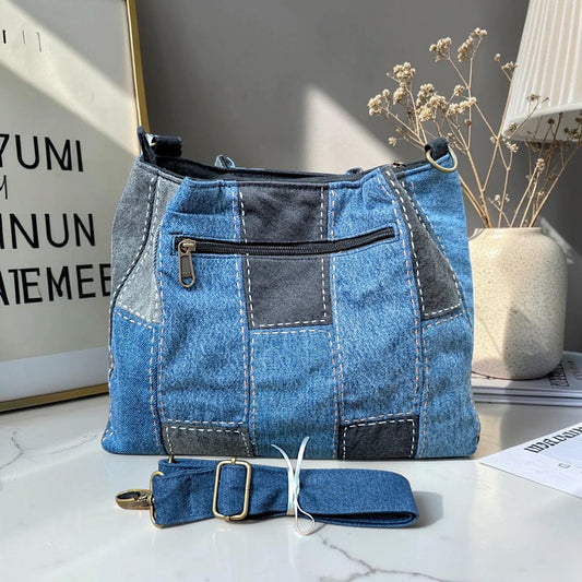 IVY-Patchwork Denim Shoulder Bag With Detachable Strap SI-46
