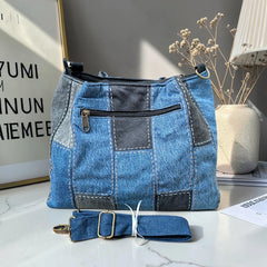 IVY-Patchwork Denim Shoulder Bag With Detachable Strap SI-46