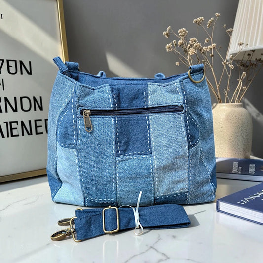 IVY-Patchwork Denim Shoulder Bag With Detachable Strap SI-47