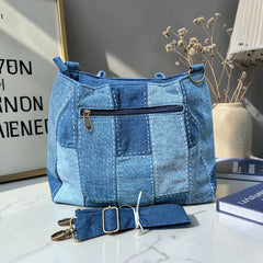 IVY-Patchwork Denim Shoulder Bag With Detachable Strap SI-47