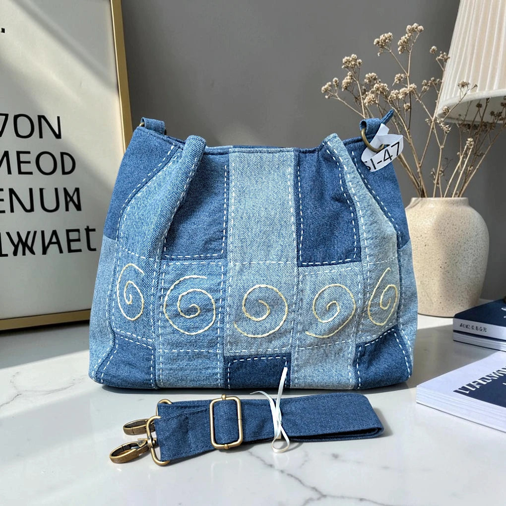 IVY-Patchwork Denim Shoulder Bag With Detachable Strap SI-47