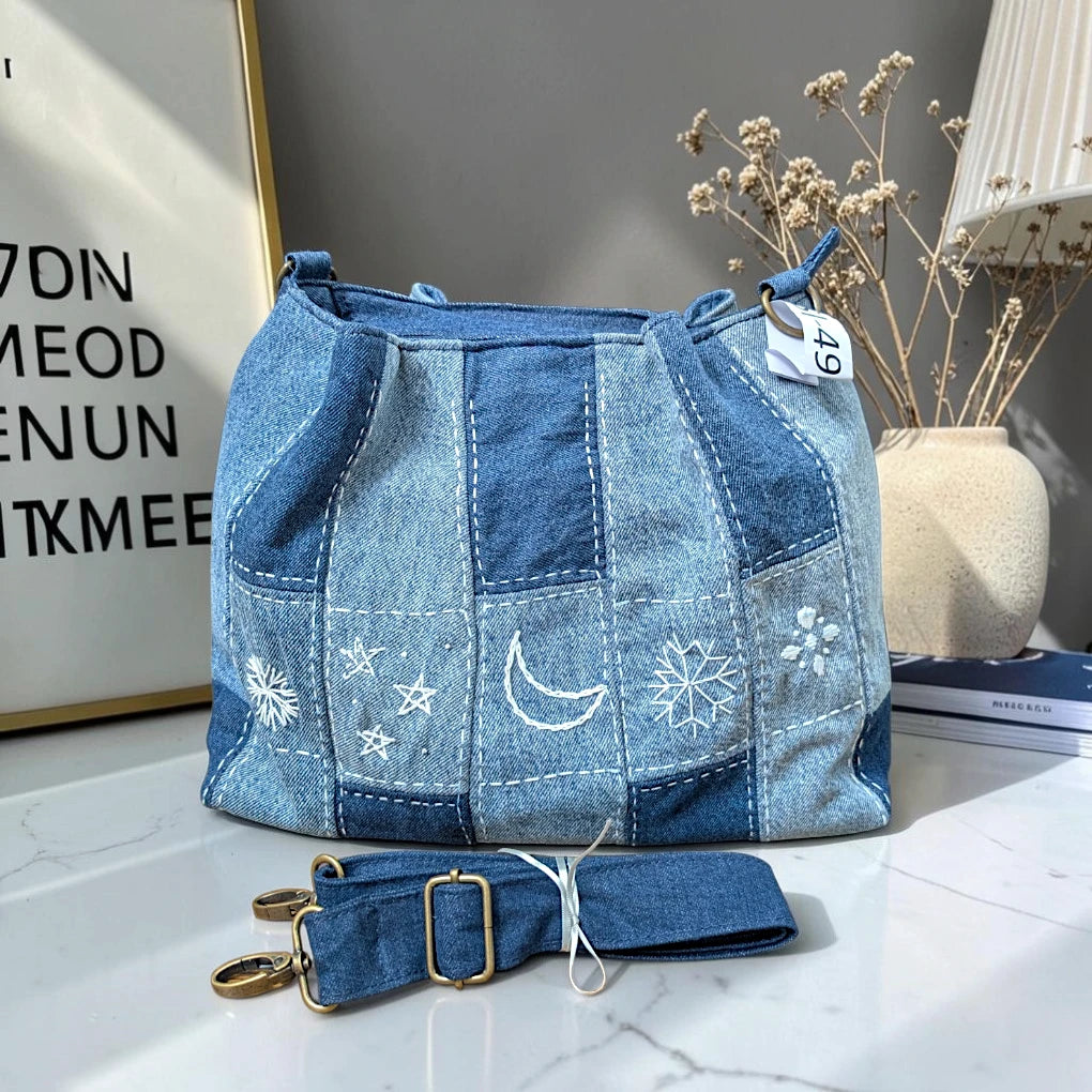 IVY-Patchwork Denim Shoulder Bag With Detachable Strap SI-49