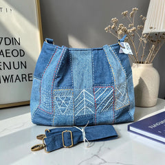 IVY-Patchwork Denim Shoulder Bag With Detachable Strap SI-50