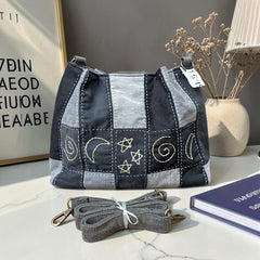 IVY-Patchwork Denim Shoulder Bag With Detachable Strap SI-51