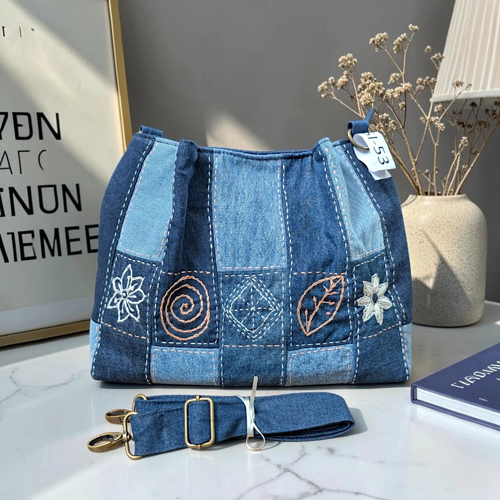 IVY-Patchwork Denim Shoulder Bag With Detachable Strap SI-53