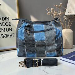 IVY-Patchwork Denim Shoulder Bag With Detachable Strap SI-54