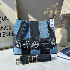 IVY-Patchwork Denim Shoulder Bag With Detachable Strap SI-54