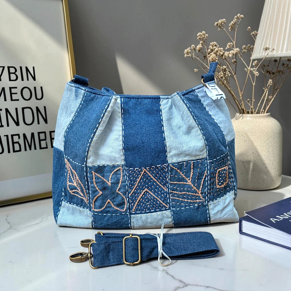IVY-Patchwork Denim Shoulder Bag With Detachable Strap SI-40