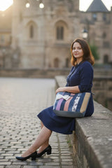 Bow-Ladies Shoulder Patchwork Denim Tote Bag-B08