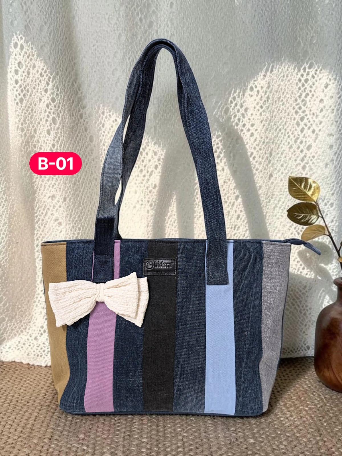 Bow-Ladies Shoulder Patchwork Denim Tote Bag-B01