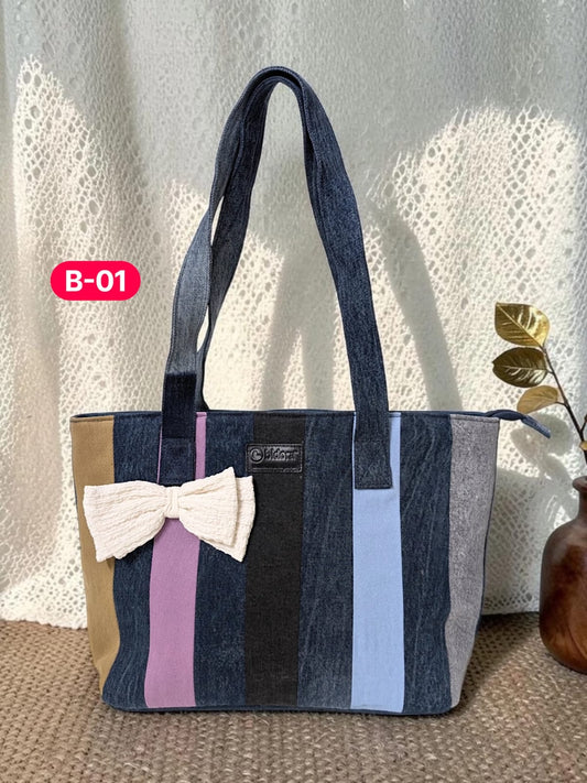 Bow-Ladies Shoulder Patchwork Denim Tote Bag-B01