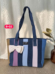 Bow-Ladies Shoulder Patchwork Denim Tote Bag-B02